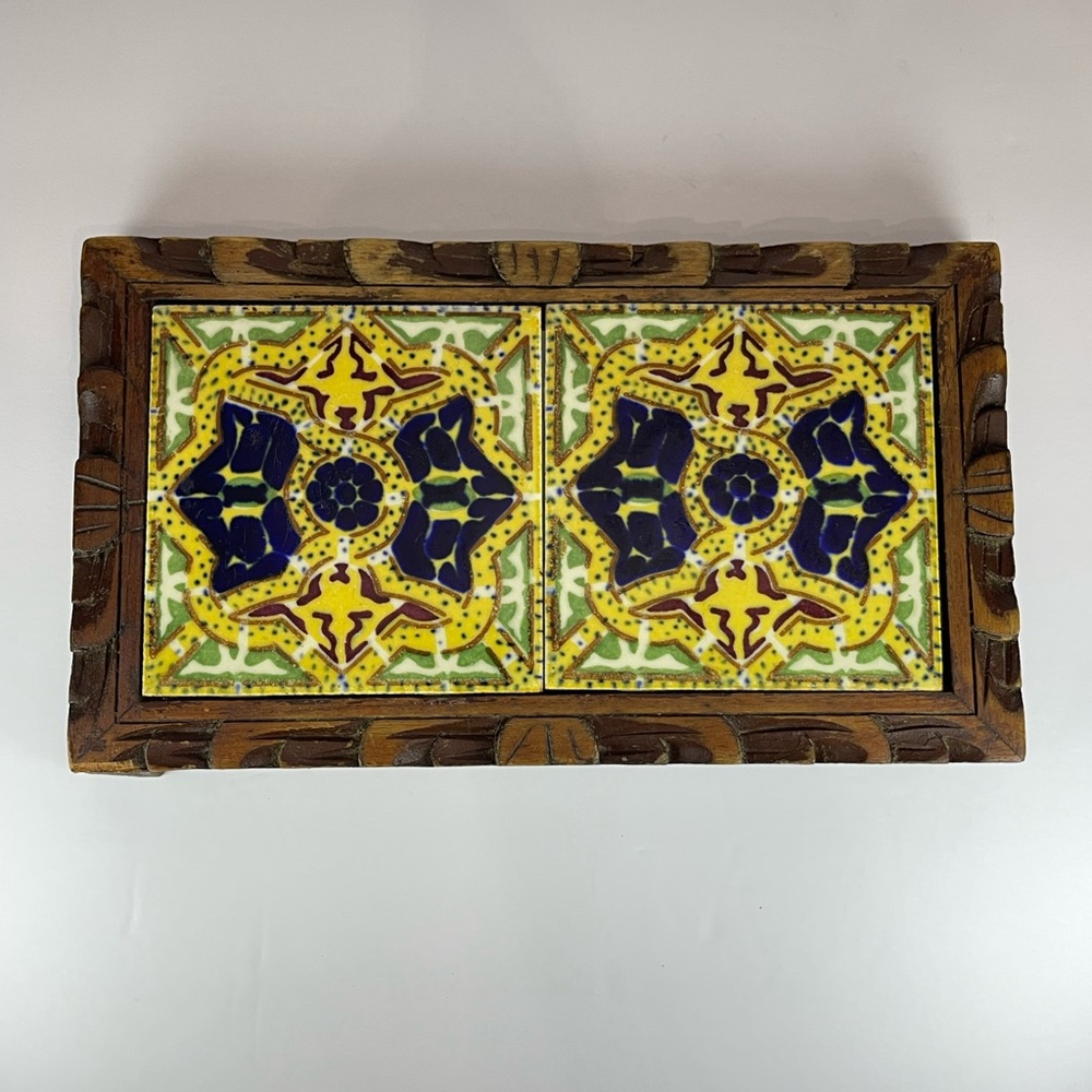 Mexican hand carved wooden tile trivet